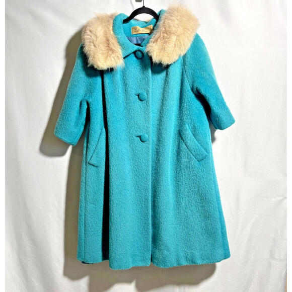 VTG‎ 60s Lilli Ann Blue Mohair Swing Coat Fur Collar Fabric of Paris XL Vintage - Picture 1 of 9